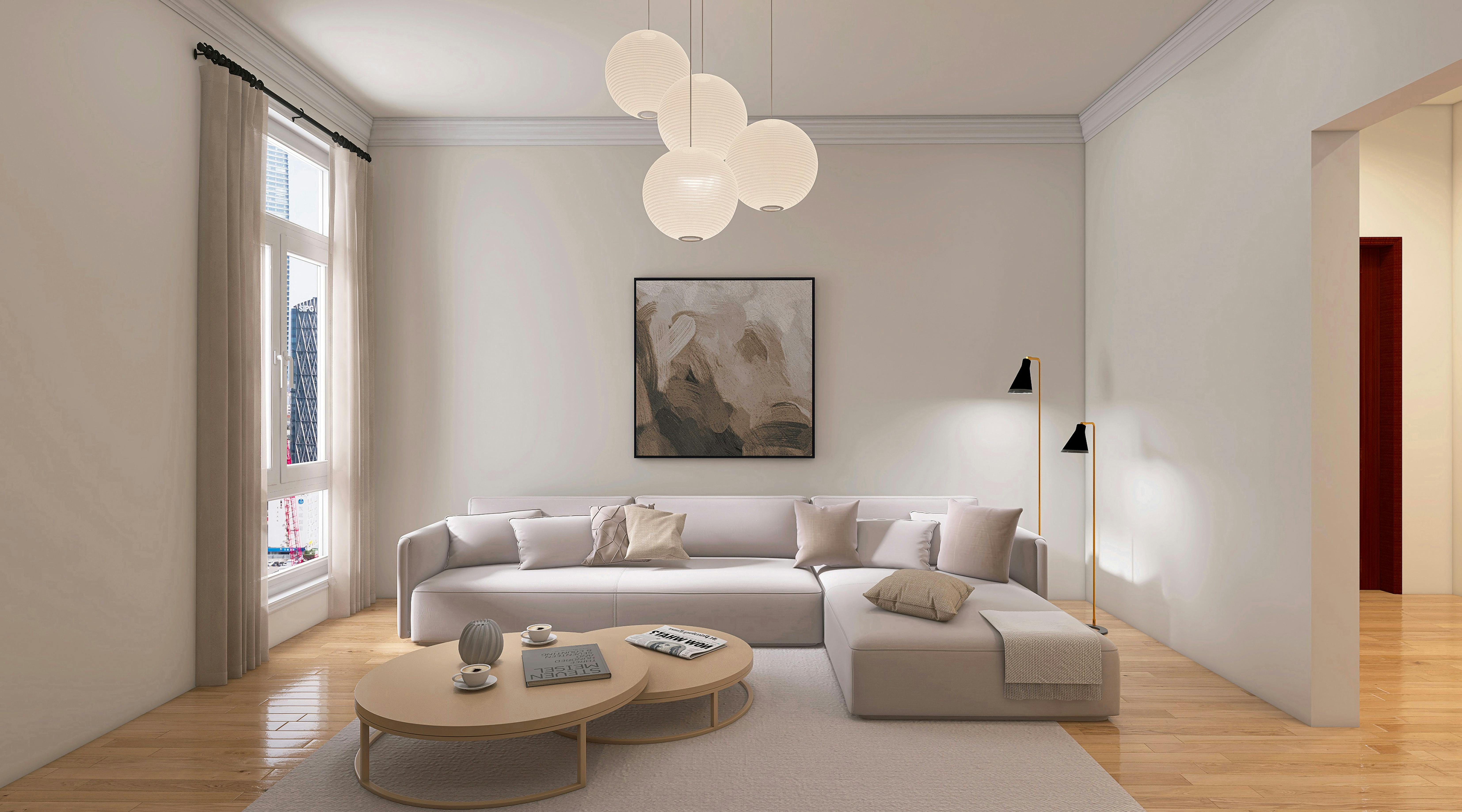 Modern living room with grey sofa